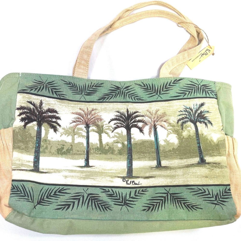 Paul Brent  Portofino Purse Canvas Beaded Palm Trees‎ Two Handle Straps